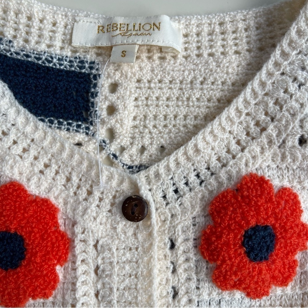 NEW Rebellion Cream Patchwork Crocheted Y2K Sweater Cardigan US S - Picture 5 of 5